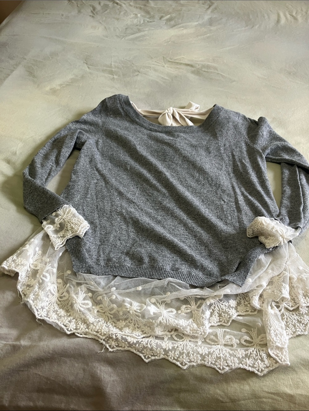Gray Knit Sweater with Ivory Lace Hem and Cuffs